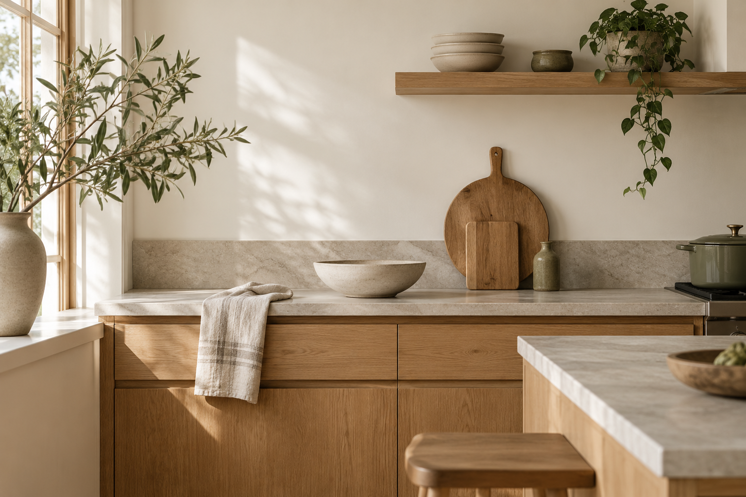 AI-generated kitchen inspiration with oak cabinets, an ivory counter and neutral ceramics.