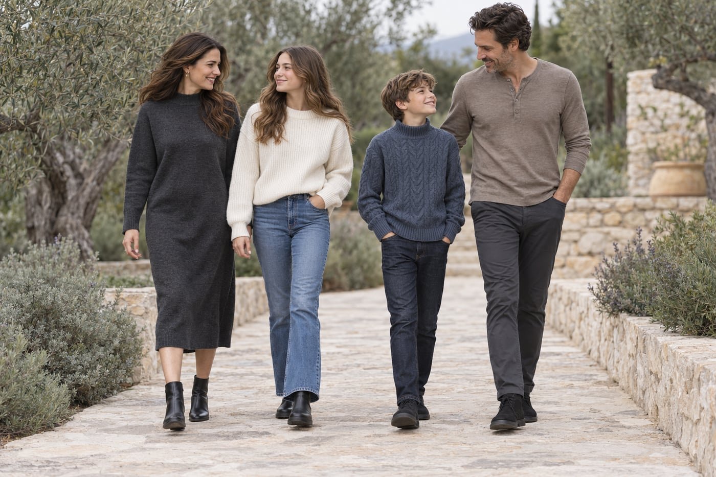Illustrative cooler outfit palette with charcoal, off-white, slate blue, denim and black footwear.