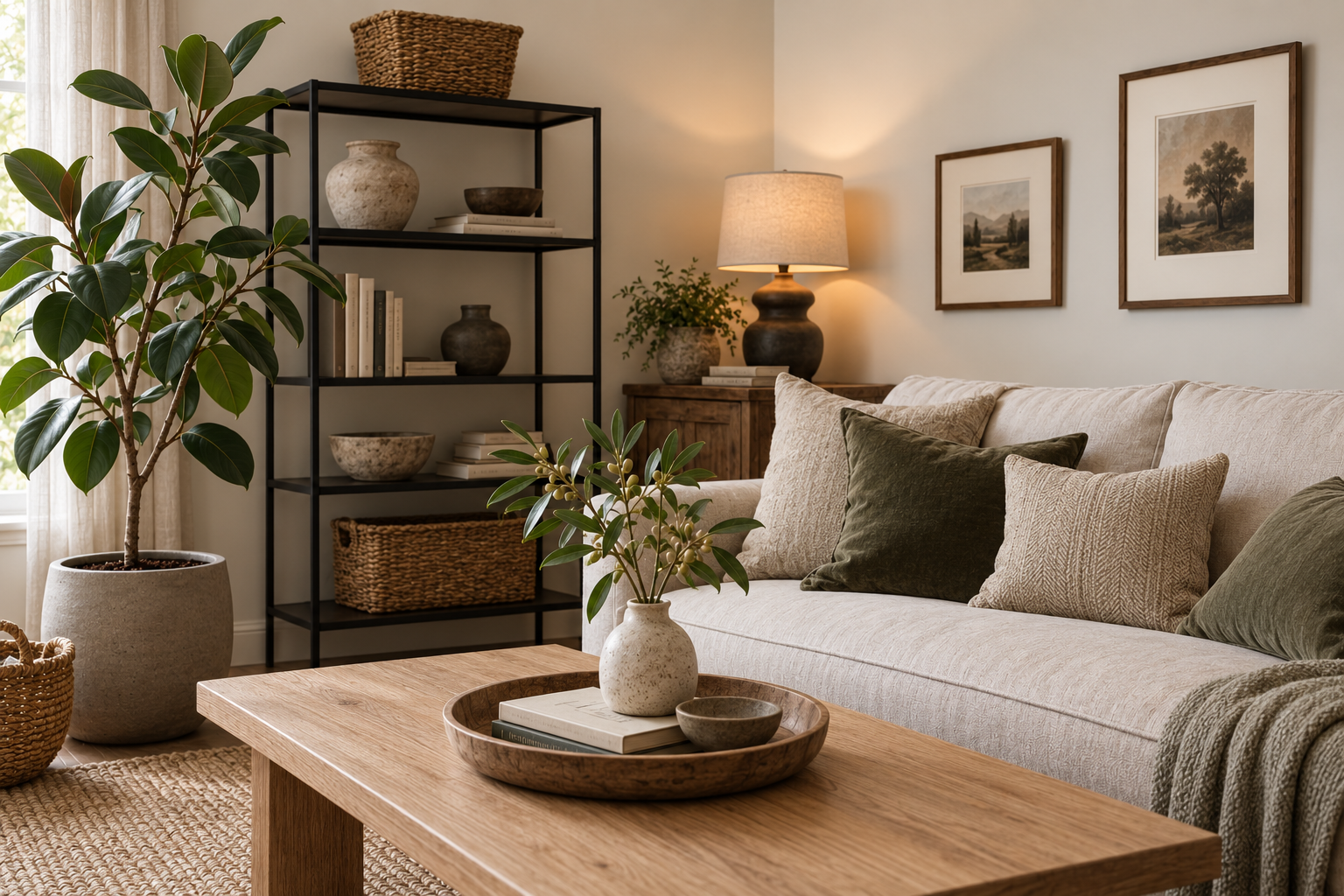 AI-generated living-room inspiration with a rubber plant, cream sofa, olive cushions and a clean-lined oak coffee table