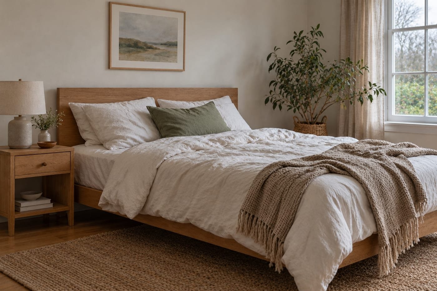 Bedroom inspiration with white bedding, muted sage pillows and an oak bedside table