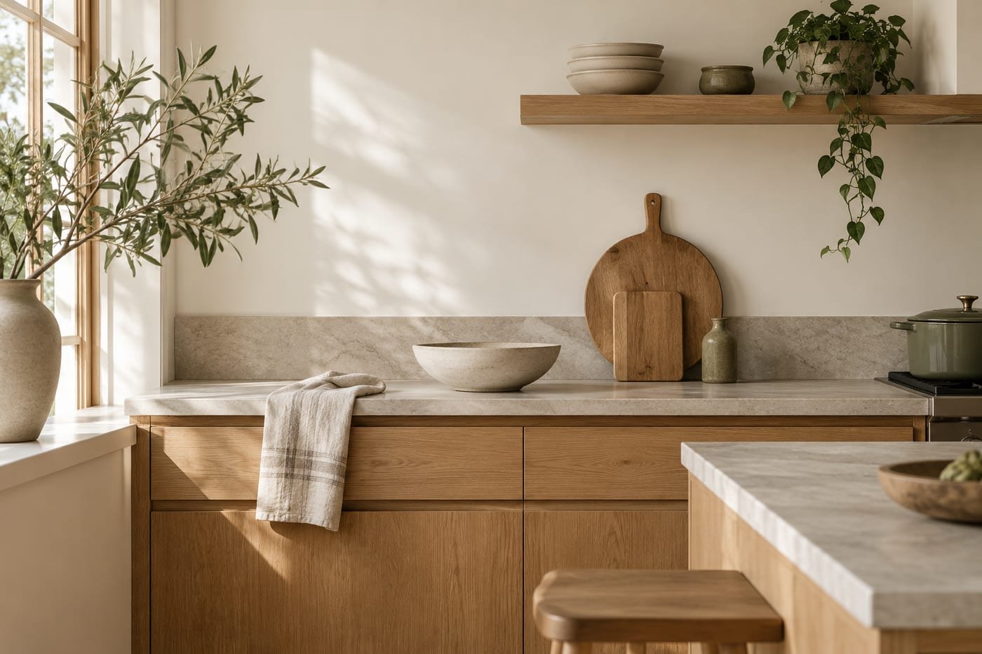 AI-generated kitchen inspiration with oak cabinets, an ivory counter and neutral ceramics.