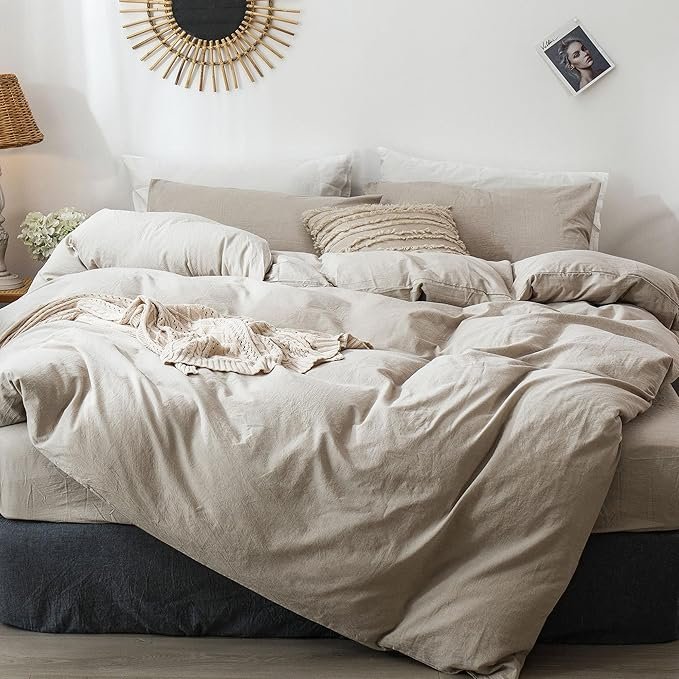 Washed-Cotton Duvet Cover Set — Heathered tannish linen grey · Queen 90 by 90 inches
