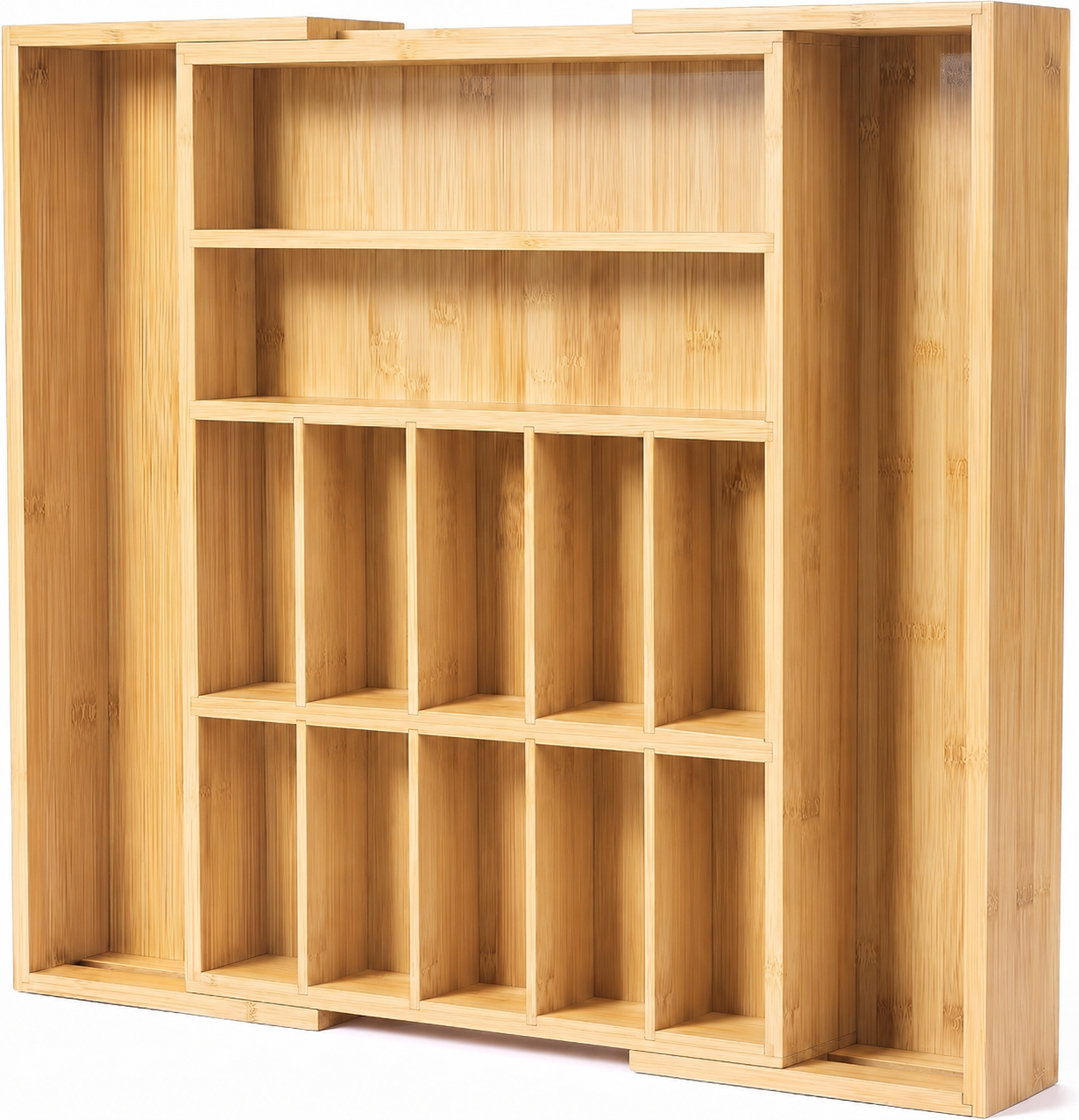 Edited illustration of Expandable Bamboo Cutlery Tray; view the linked Amazon listing for the actual product.