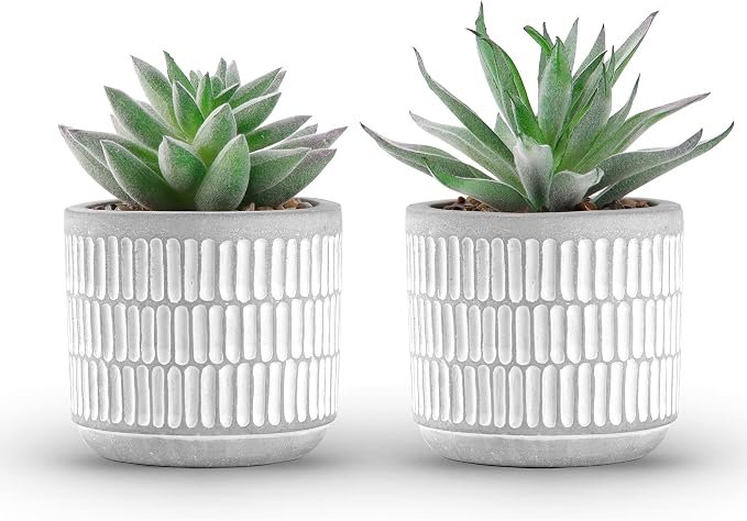 Faux Succulents in Striped Pots — White pots · two-pack