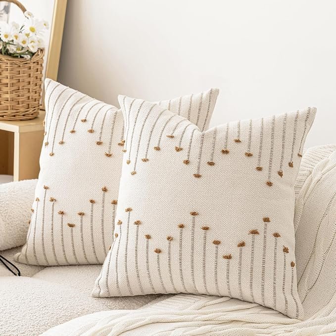 Textured Striped Cushion Covers — Beige and brown · 18 by 18 inches · two covers