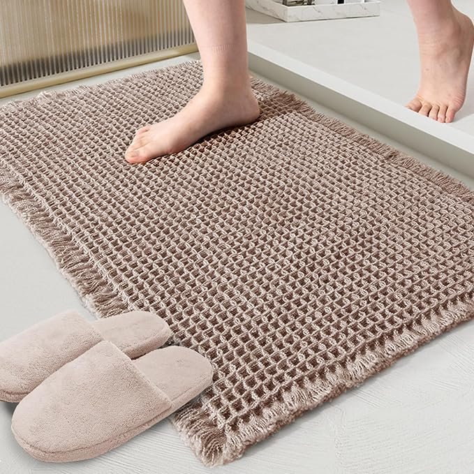 Waffle-Texture Bath Mat — Brown/tan · 18 by 30 inches
