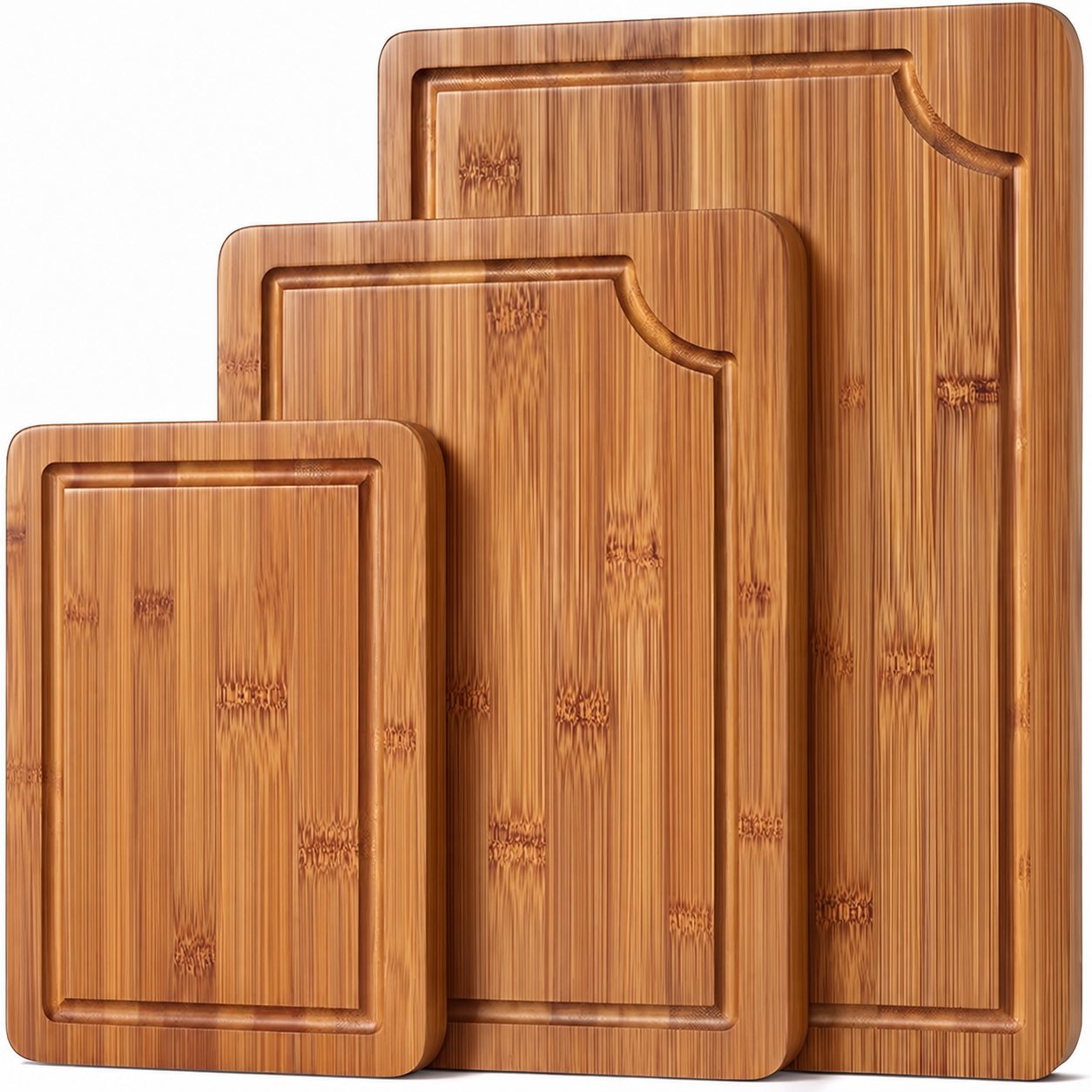 Edited illustration of Bamboo Cutting Board Set; view the linked Amazon listing for the actual product.