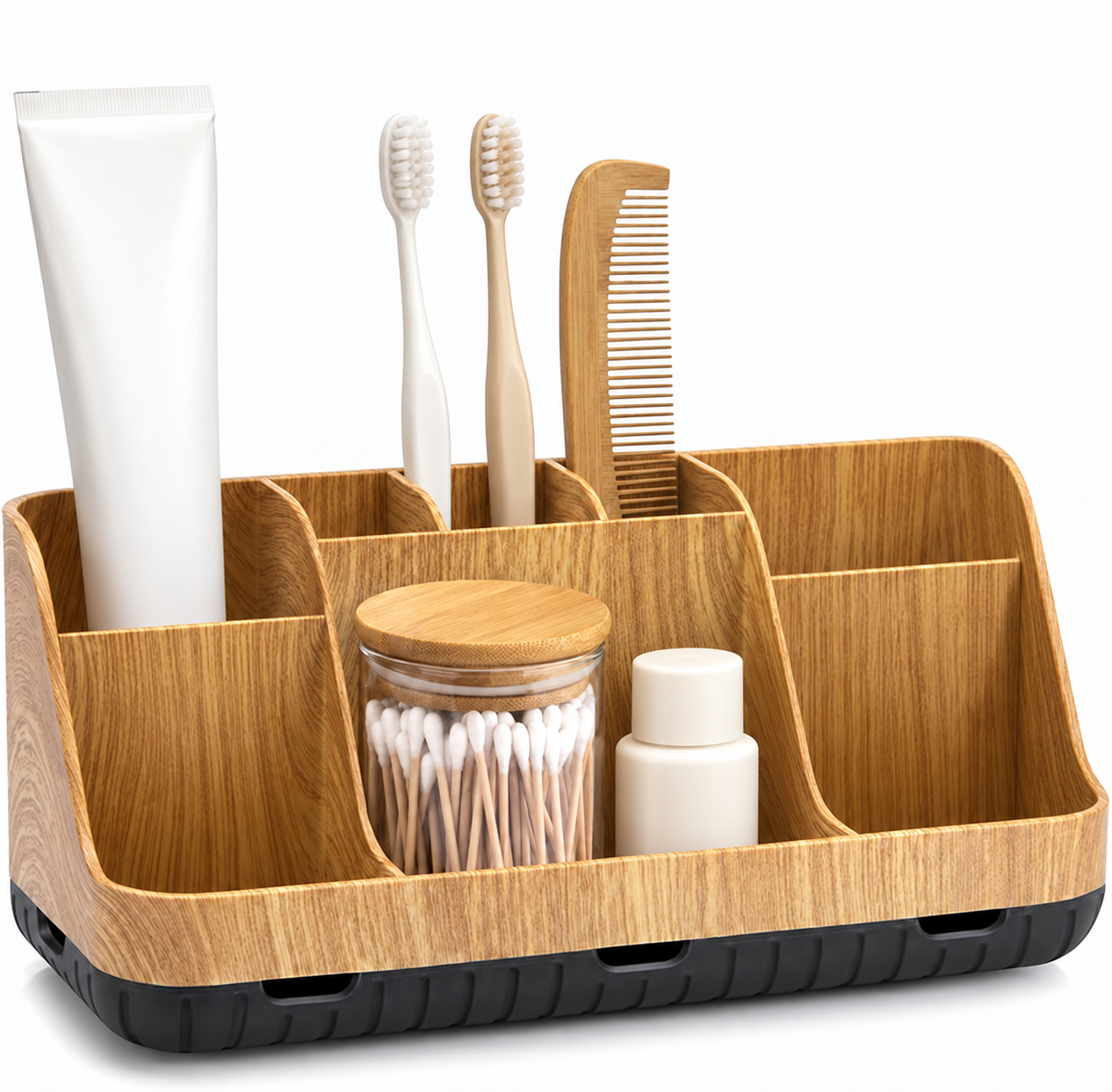 Edited illustration of a wood-look countertop caddy with a few neutral toiletries; accessories are styling props.