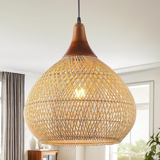Woven Rattan Pendant Light — Wood + Rattan · approximately 16-inch shade
