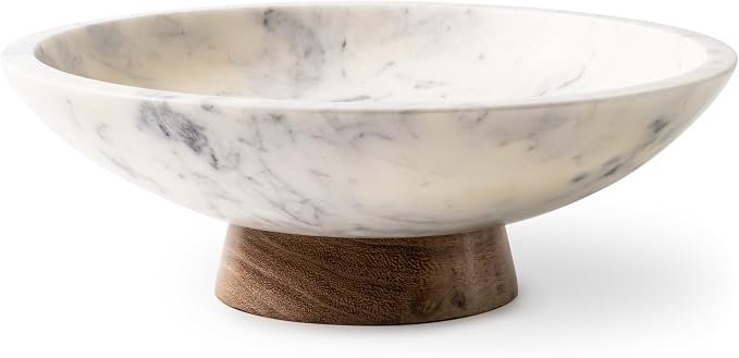 Marble Bowl with Wood Pedestal — White marble and acacia wood · 11 inches