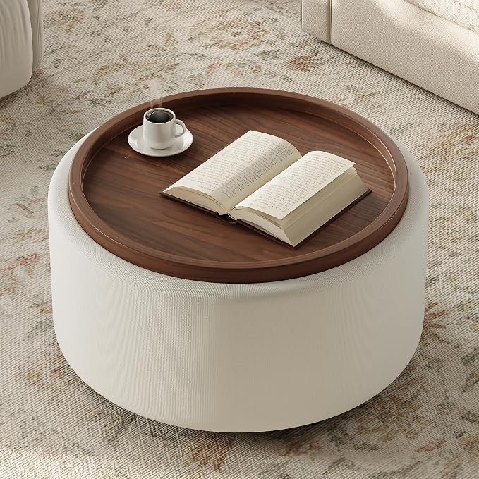 Round Storage Ottoman with Tray — Beige · approximately 30 inches across