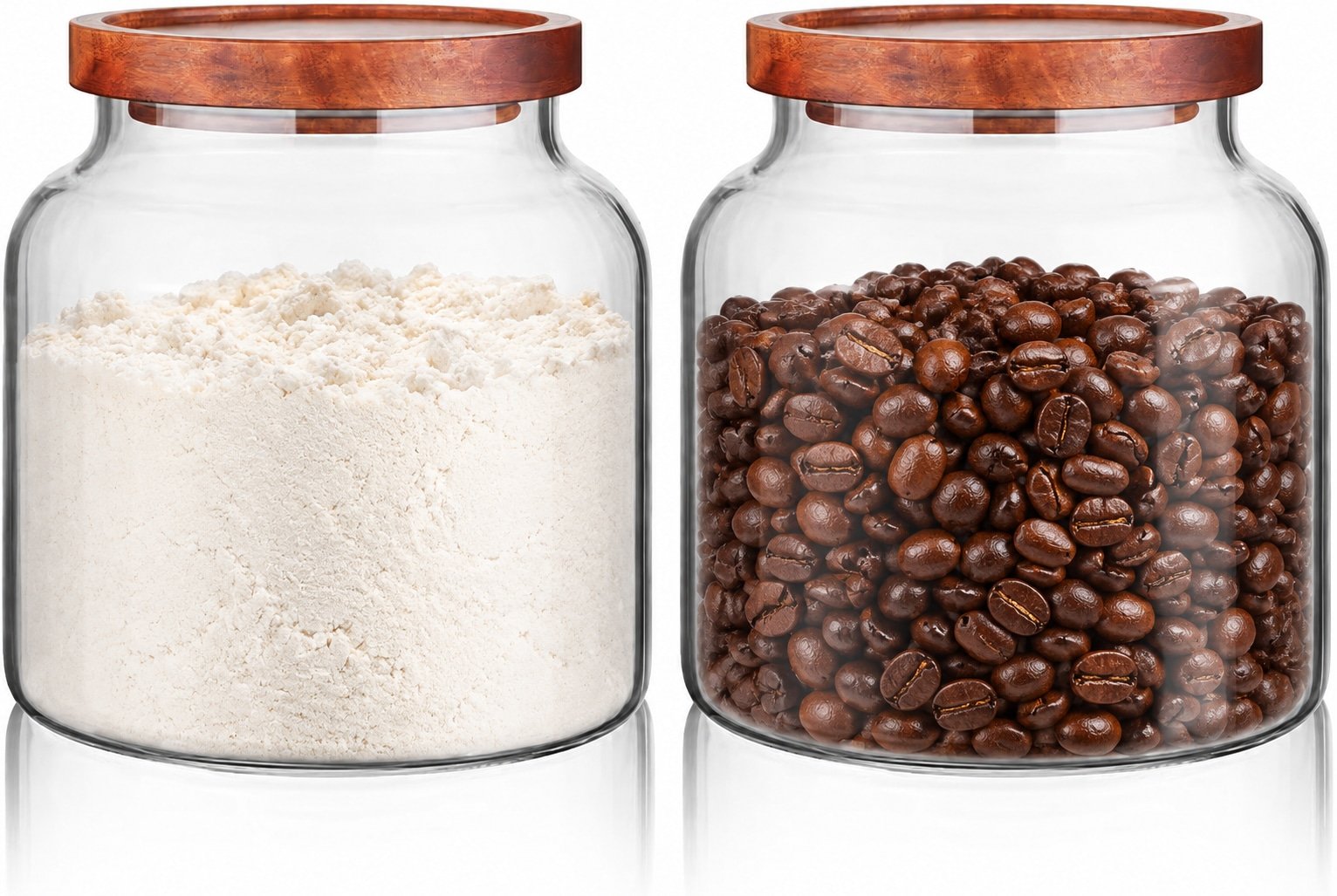 Edited illustration of two glass storage jars filled with flour and coffee beans; contents are styling props, not included.