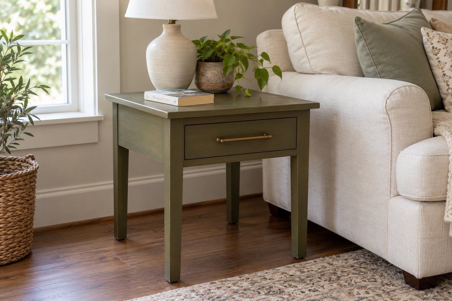 Illustrative finished side table in muted olive paint with a slim brass drawer pull