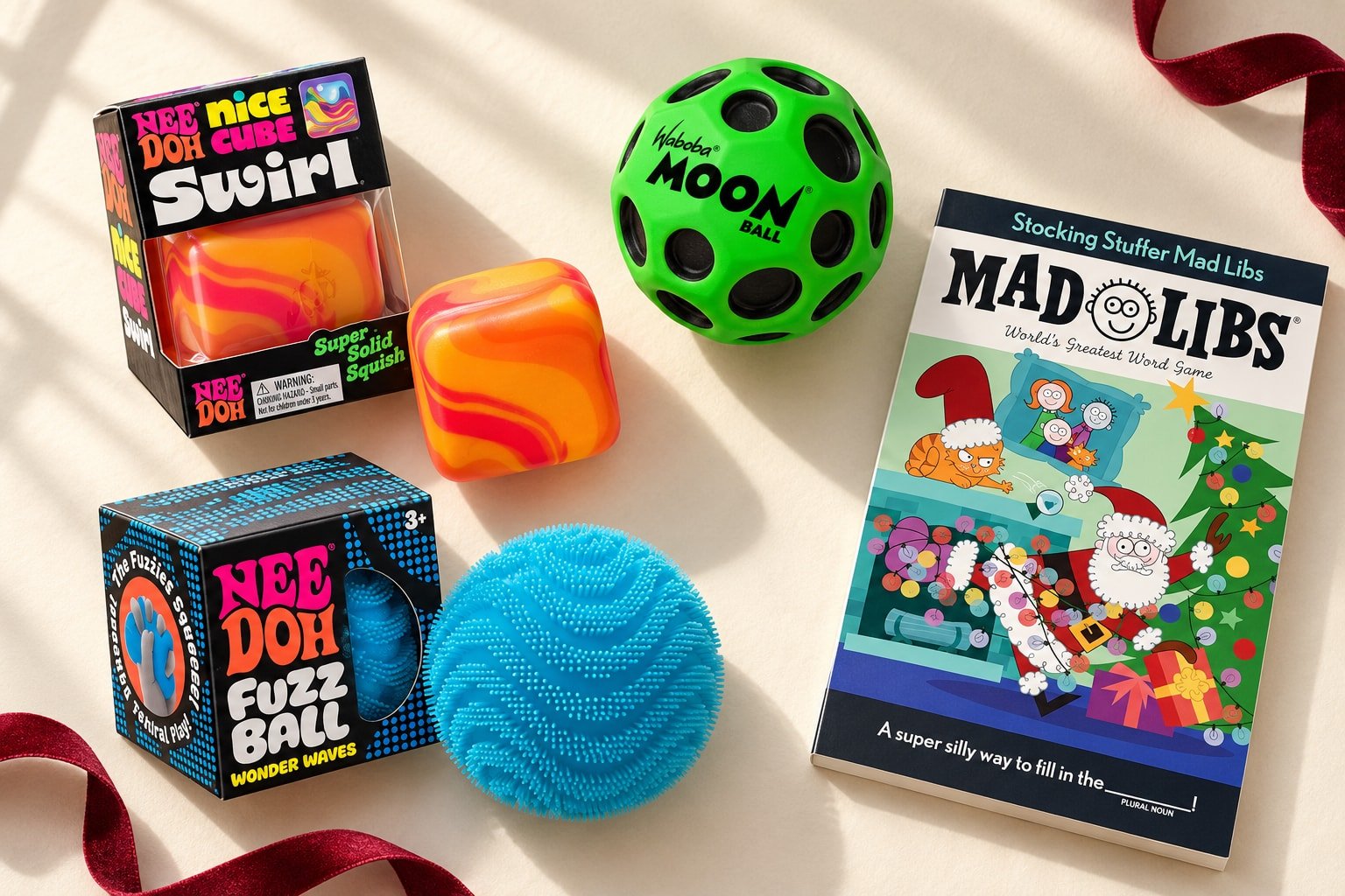Editorial montage of Stocking Stuffer Mad Libs, a NeeDoh Swirl cube, a NeeDoh Fuzz Ball and a green Waboba Moon Ball.