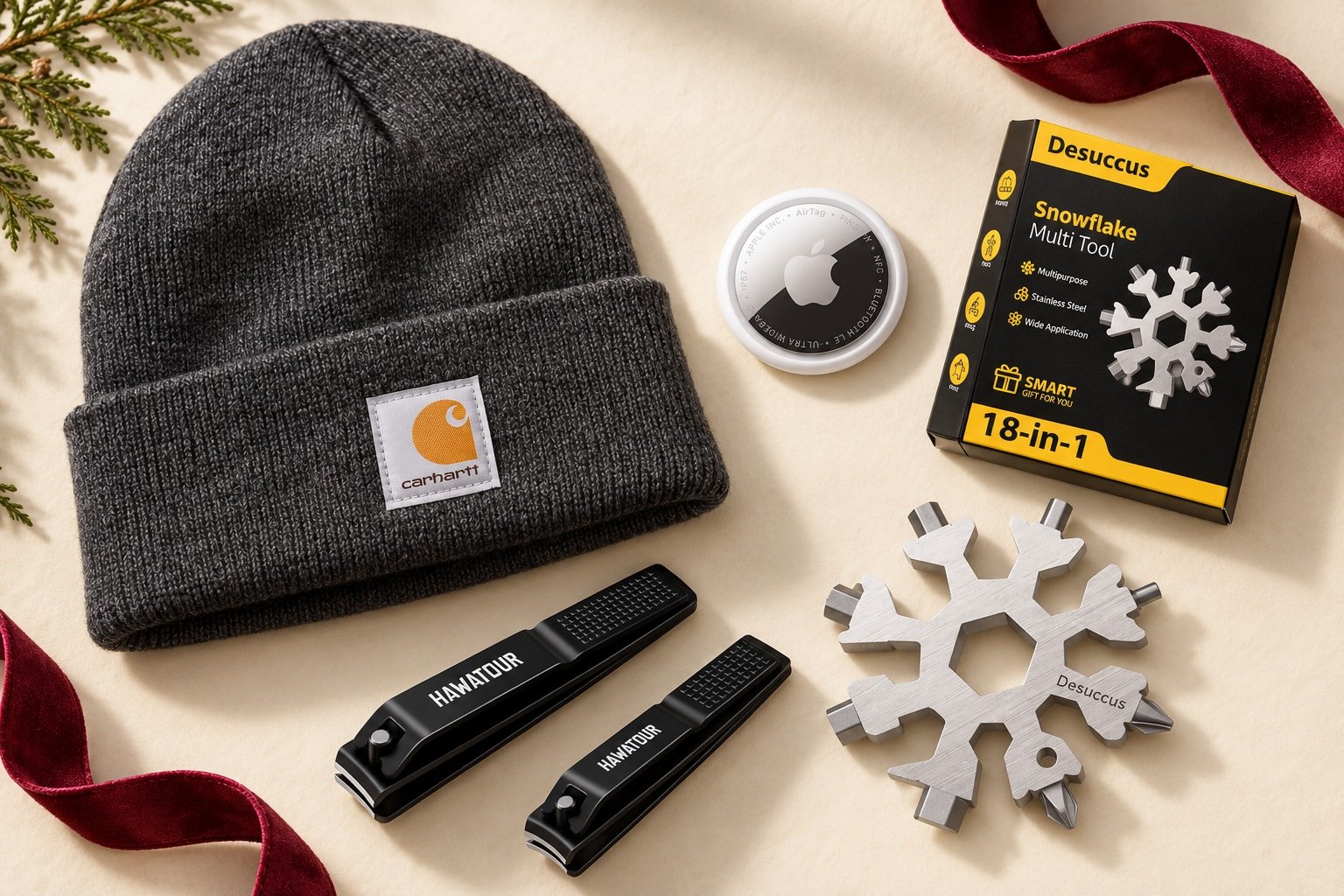 Editorial montage of a charcoal Carhartt beanie, Apple AirTag, HAWATOUR nail clippers and a Desuccus snowflake tool.