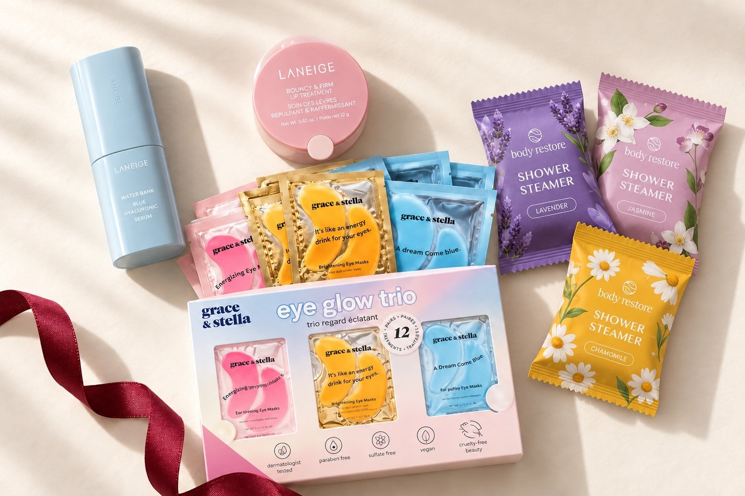 Editorial montage of Laneige serum and lip treatment, grace & stella eye patches and individually wrapped Body Restore shower steamers.