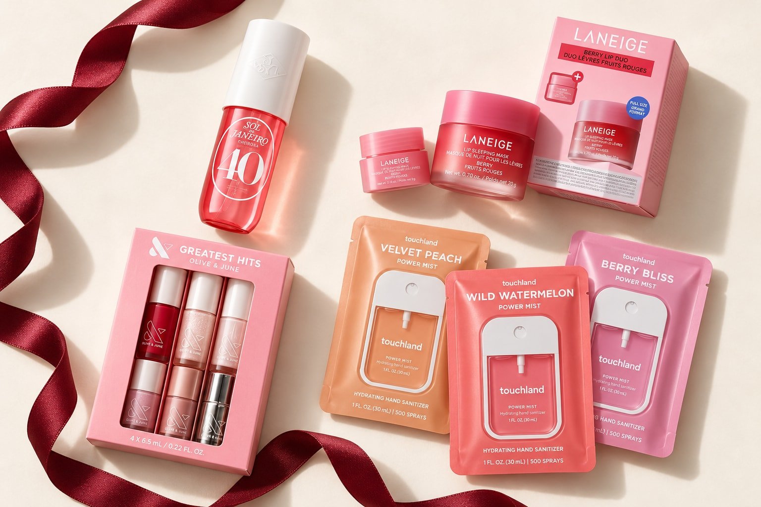 Editorial montage of Sol de Janeiro fragrance mist, Laneige lip masks, Olive & June nail polish and Touchland hand sanitizers in packaging.